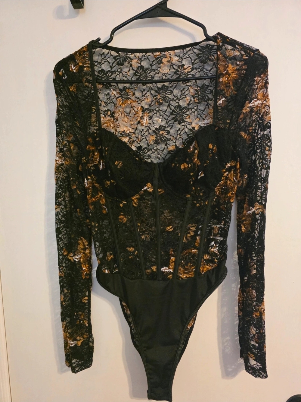 SHEIN Black Lace Bodysuit with Gold Floral Print
